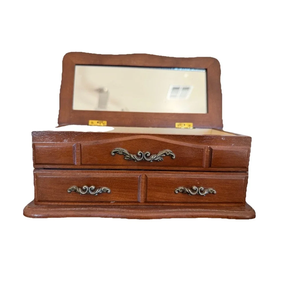 Vintage Wooden Velvet Lined Jewelry‎ Box Drawers Mirror Inside Lid 4 x 5 x  10